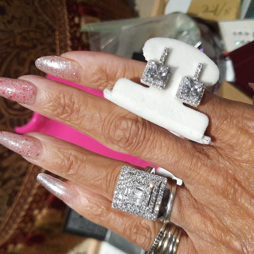 TSC DIAMONELLE MASSIVE COCKTAIL RING & EARRINGS STERLING SILVER 6 NIB PYRAMID